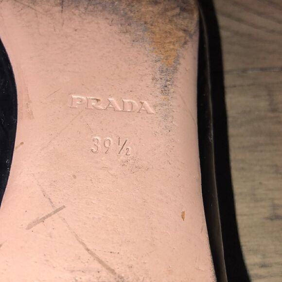 Prada Gold Logo Patent Leather Loafers Quilted Footbed. Sanitized and polished. - Picture 14 of 17